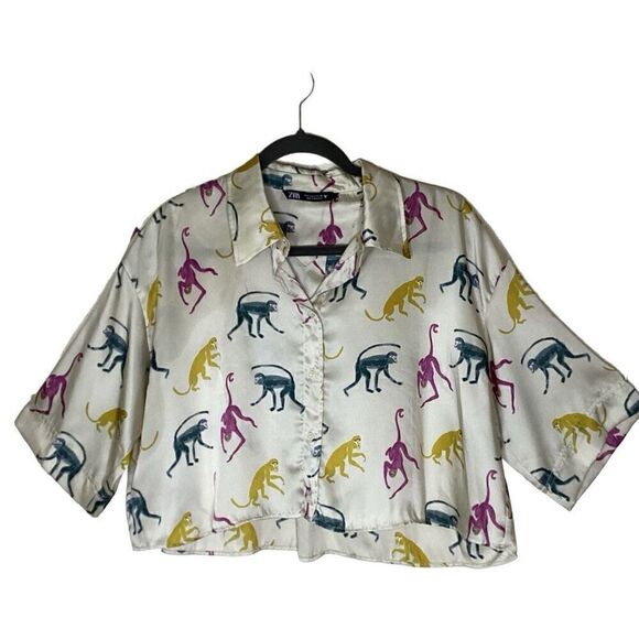 Zara Pastel Monkey Print Cropped Swing top Size S - Picture 3 of 13